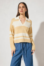 Bicolour collared knit jumper with oversized fit, dropped shoulder, V neckline, contrast polo-style collar and placket, long sleeves, and narrow rib hem finishes