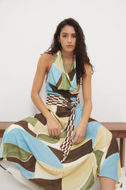 Halter neck maxi dress in sateen with cowled neckline and contrast wooden ring belt