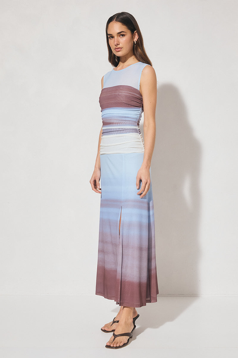Sleeveless ombre mesh midi dress with fit and flare silhouette, sheer shoulder yoke, waist ruching, A-line skirt, and front leg split