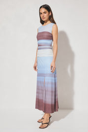 Sleeveless ombre mesh midi dress with fit and flare silhouette, sheer shoulder yoke, waist ruching, A-line skirt, and front leg split