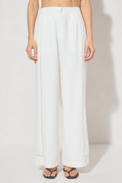 High-waisted textured woven straight-leg pants with ladder trim side panel and tailored waistband
