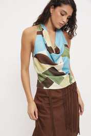Halter neck top in sateen with cowled pleated neckline in exclusive handcrafted print