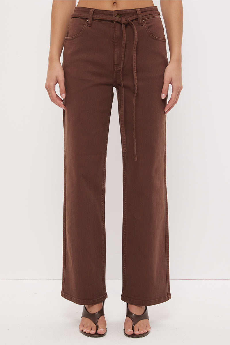 Mid-rise straight leg denim jeans with narrow waist tie and rivet detailing