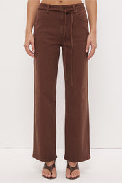 Mid-rise straight leg denim jeans with narrow waist tie and rivet detailing