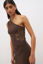 One shoulder stretch crepe midi dress with asymmetrical neckline, contrast embroidery and column silhouette with side split