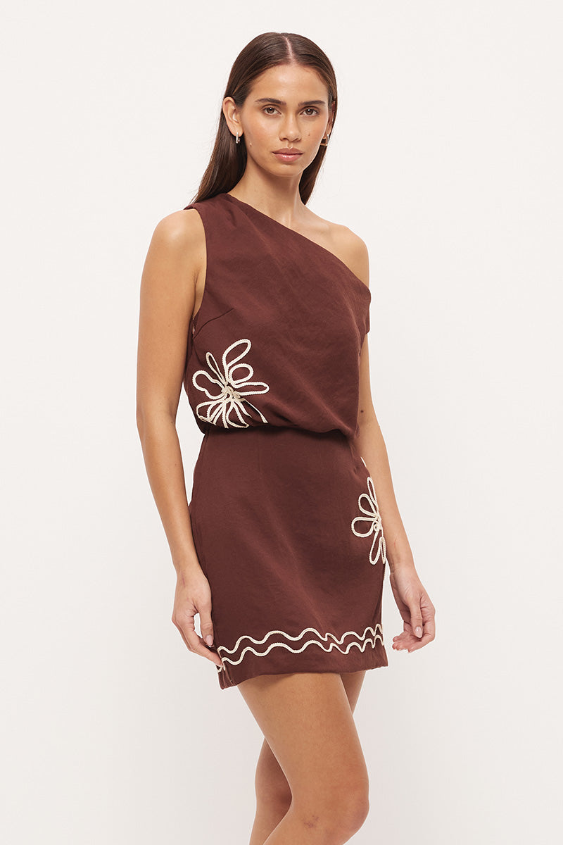 One-shoulder mini dress with blouson silhouette, twisted off-shoulder strap and cornelli embroidery