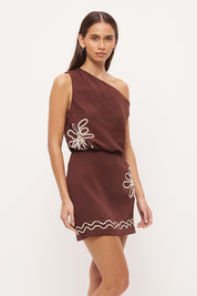One-shoulder mini dress with blouson silhouette, twisted off-shoulder strap and cornelli embroidery