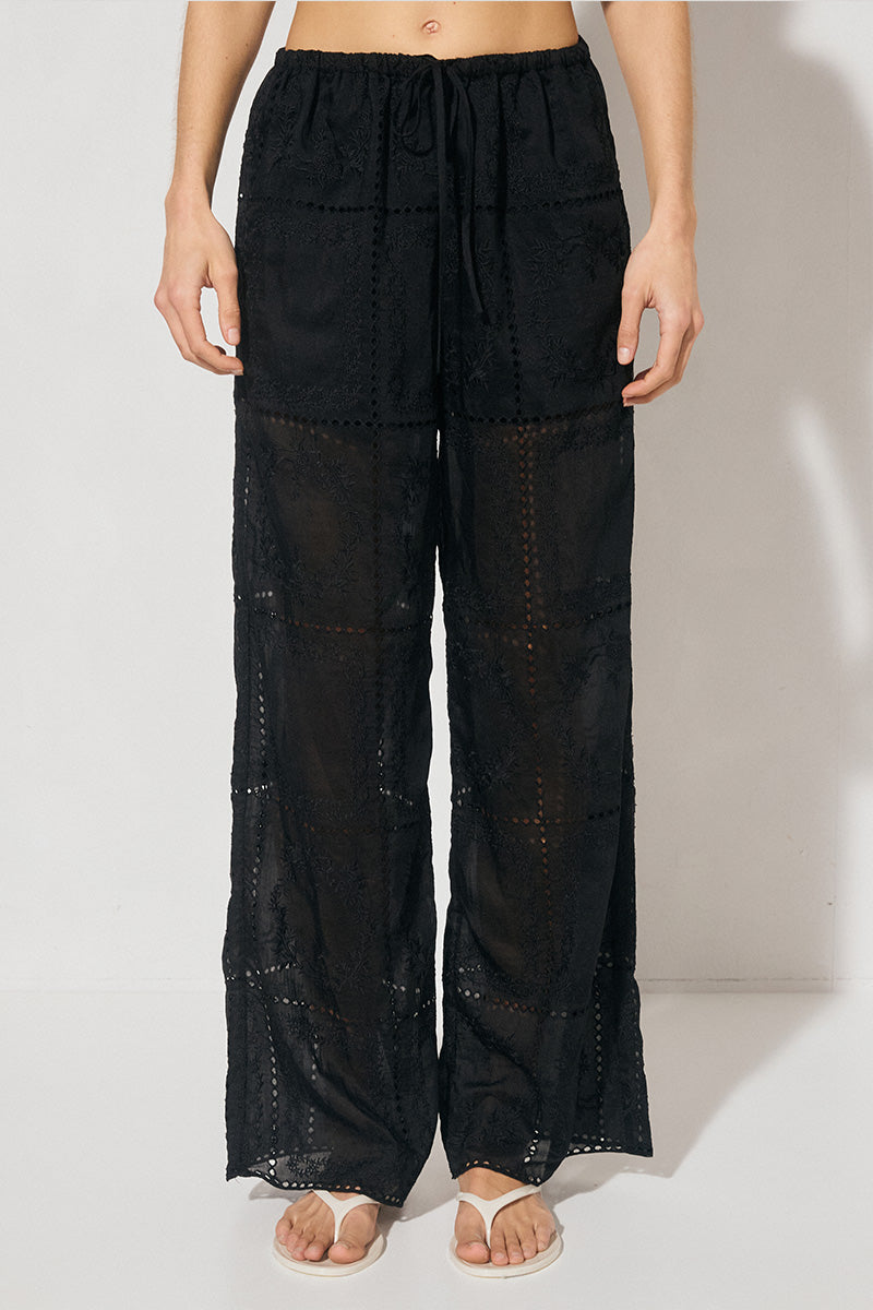 ELOWEN Relaxed Drawstring Pants in semi-sheer embroidered fabric with wide-leg silhouette, elasticated waist, drawcord, and side pockets