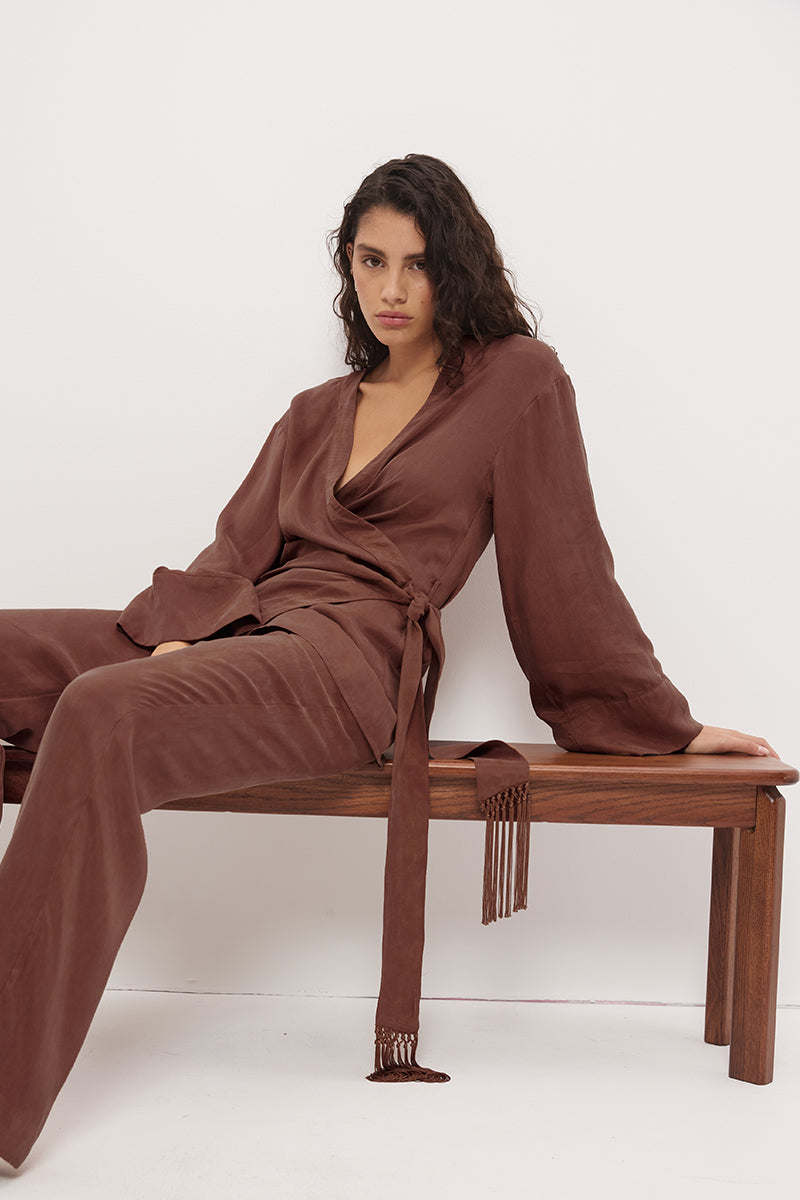 Kimono wrap top in brushed woven fabric with waist tie and macrame tassel detail
