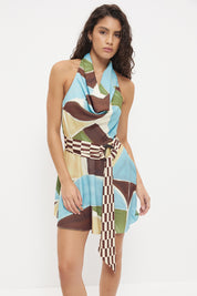 Halter neck mini dress in sateen with cowled neckline and contrast wooden ring belt