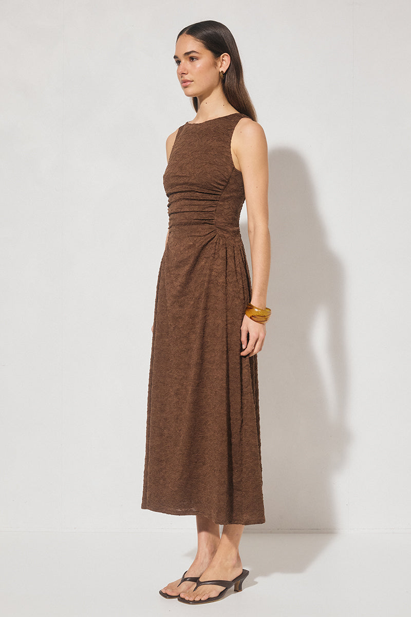 Fit & flare lace midi dress with boat neckline and gathered bodice