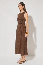 Fit & flare lace midi dress with boat neckline and gathered bodice