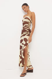 Strapless midi dress in stretchy mesh with fitted longline bodice, dropped waist and side split in exclusive handcrafted print