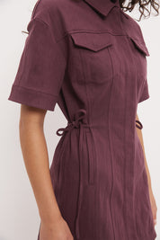 Denim shirt mini dress with utility style, chest patch pockets and convertible collar