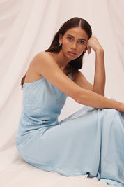 Strappy bias-cut sateen maxi dress with scalloped asymmetrical neckline and beaded floral waist motif