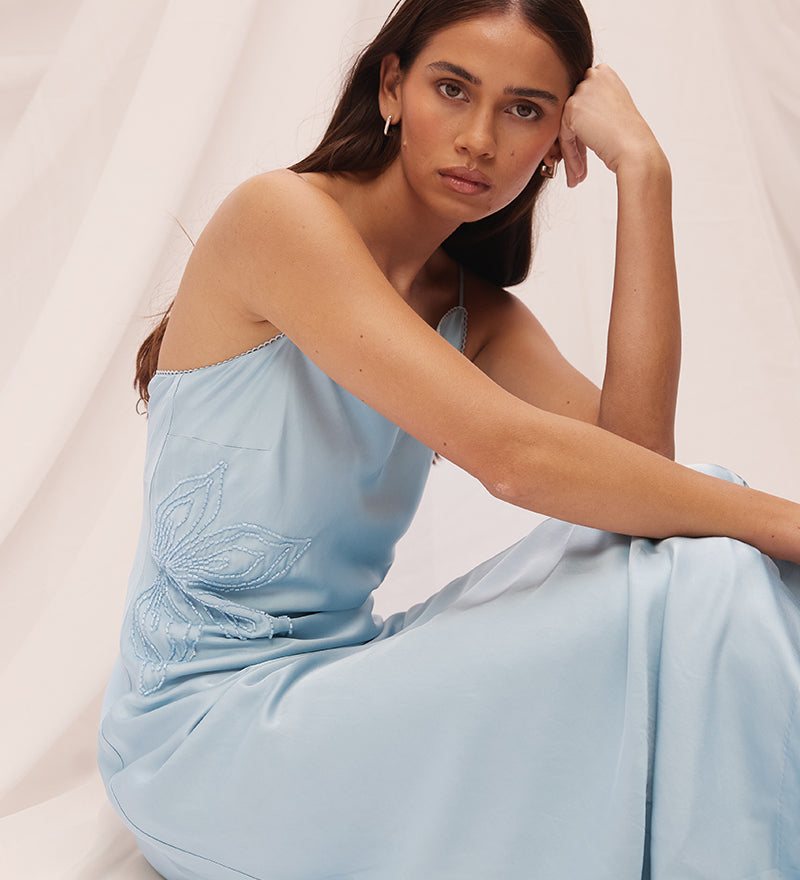 Strappy bias-cut sateen maxi dress with scalloped asymmetrical neckline and beaded floral waist motif