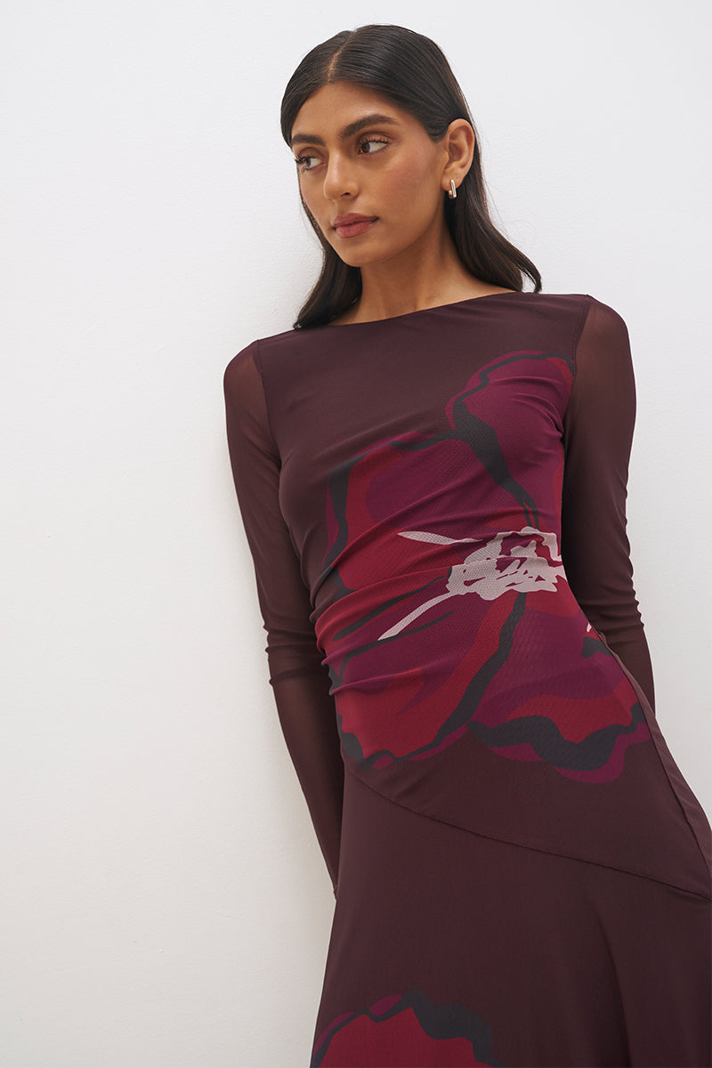 Long sleeve mesh maxi dress with handcrafted placement print, boat neckline, sheer sleeves and flowing skirt