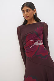 Long sleeve mesh maxi dress with handcrafted placement print, boat neckline, sheer sleeves and flowing skirt