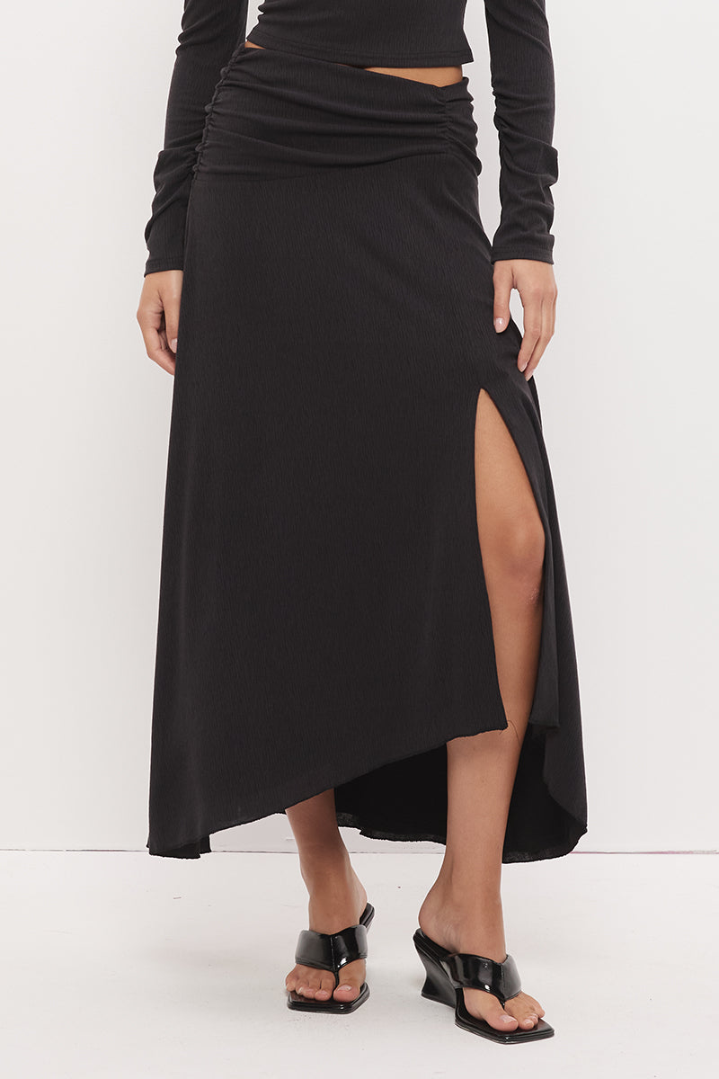 Textured jersey midi skirt with asymmetrical waistband, gathered detail, hi-lo hem and side split