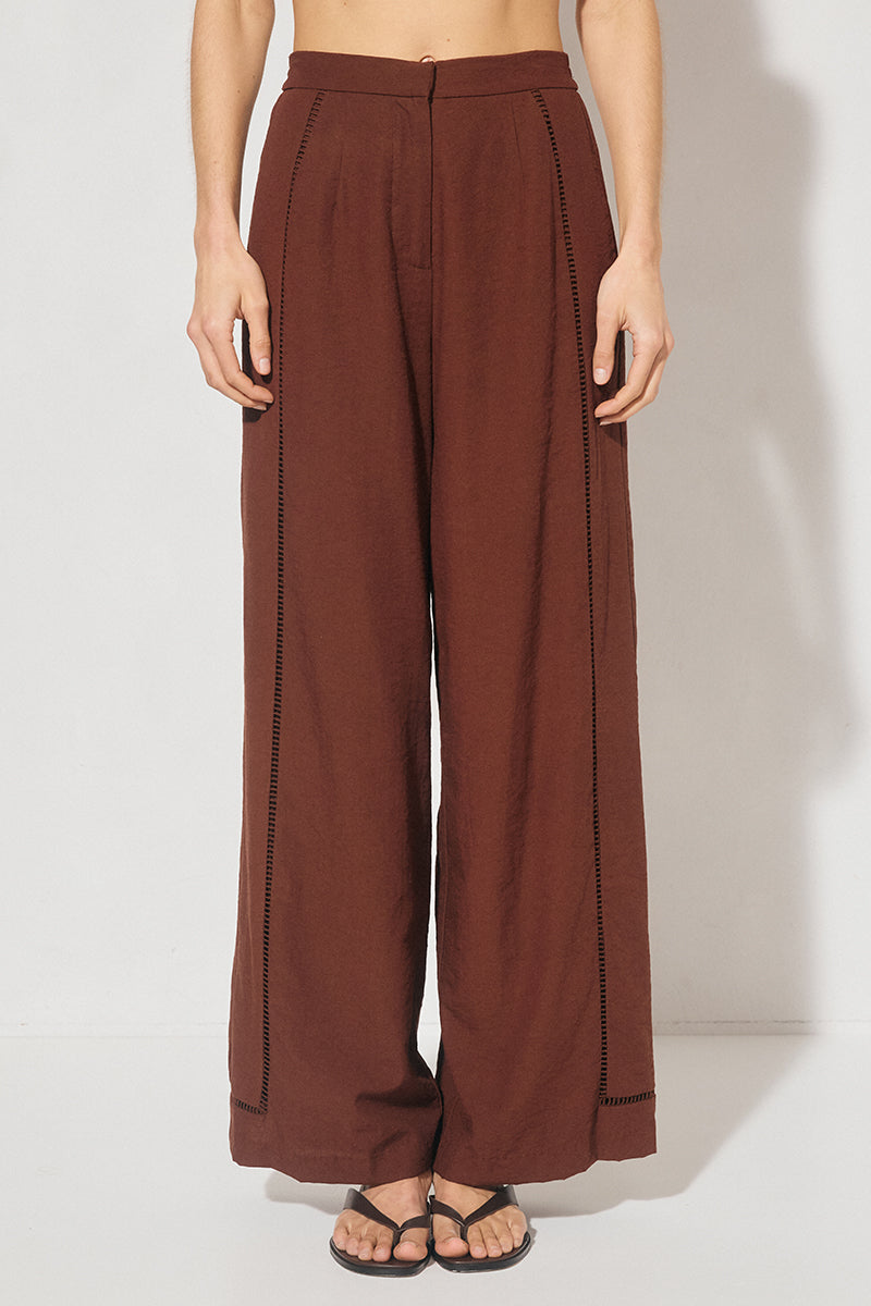 High-waisted textured woven straight-leg pants with ladder trim side panel and tailored waistband