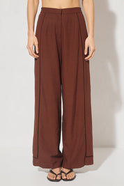 High-waisted textured woven straight-leg pants with ladder trim side panel and tailored waistband