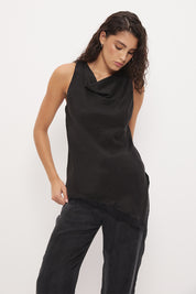 Sleeveless longline bias top with cowl neckline, scalloped lace hem and asymmetrical hem in silky cupro blend fabric