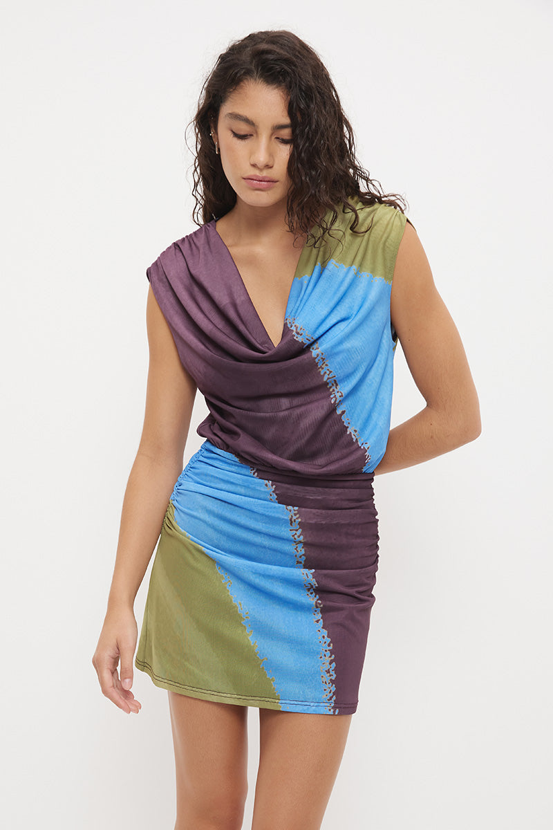 Sleeveless mini dress with cowl neckline, blouson bodice and exclusive handcrafted print – lightweight stretchy mesh