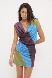 Sleeveless mini dress with cowl neckline, blouson bodice and exclusive handcrafted print – lightweight stretchy mesh
