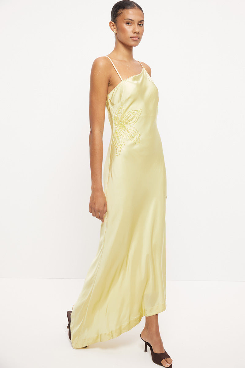 Strappy bias-cut sateen maxi dress with scalloped asymmetrical neckline and beaded floral waist motif