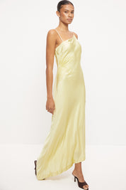 Strappy bias-cut sateen maxi dress with scalloped asymmetrical neckline and beaded floral waist motif