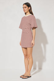 Striped bonded knit tee shirt mini dress with oversized fit, cinched waist, wide sleeves, and crew neckline