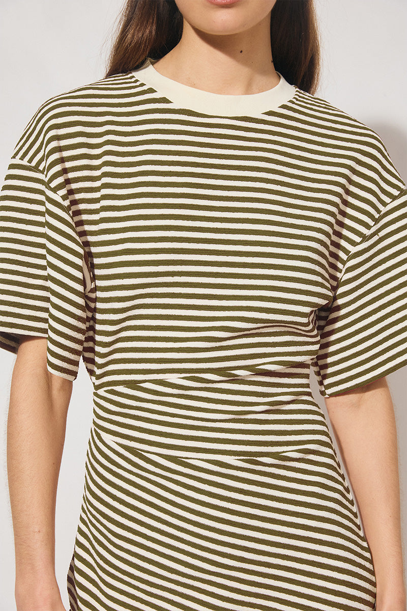 Striped bonded knit tee shirt mini dress with oversized fit, cinched waist, wide sleeves, and crew neckline