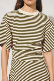 Striped bonded knit tee shirt mini dress with oversized fit, cinched waist, wide sleeves, and crew neckline