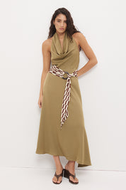 Halter neck maxi dress in sateen with cowled neckline and contrast wooden ring belt