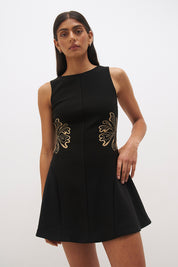 Sleeveless stretch crepe mini dress with boat neckline, contrast embroidery and full fit and flare skirt