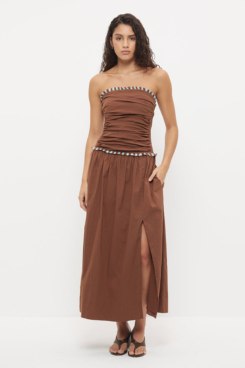 Strapless maxi dress in textured stretch cotton with two-tone fringed trim detail