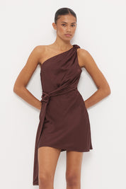 One-shoulder bias-cut sateen mini dress with draped bodice, tonal beaded trim and cinched sash
