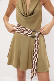 Halter neck mini dress in sateen with cowled neckline and contrast wooden ring belt