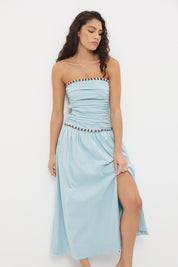 Strapless maxi dress in textured stretch cotton with two-tone fringed trim detail