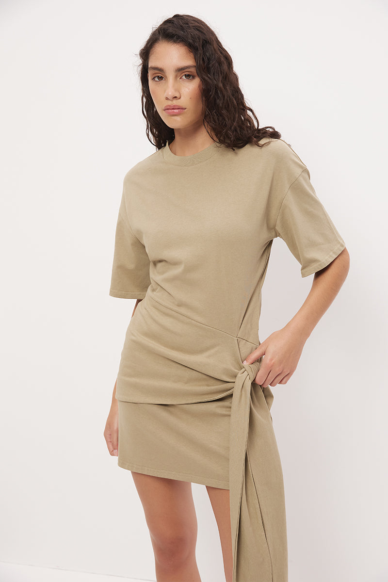 Tee shirt mini dress in cotton jersey with dropped waist and contrast tie sash