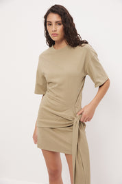 Tee shirt mini dress in cotton jersey with dropped waist and contrast tie sash