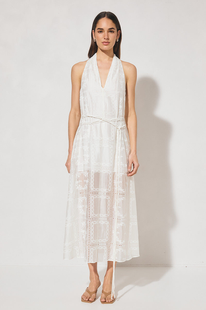 ELOWEN Halter Midi Dress in semi-sheer embroidered fabric with V-neck halter neckline, A-line swing silhouette, and removable macramé waist belt