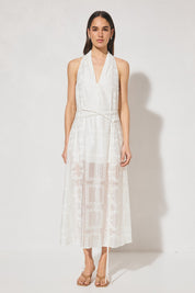 ELOWEN Halter Midi Dress in semi-sheer embroidered fabric with V-neck halter neckline, A-line swing silhouette, and removable macramé waist belt