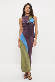 Sleeveless column dress with draped cowl neckline, asymmetric overlay bodice and exclusive handcrafted print – fitted midi length