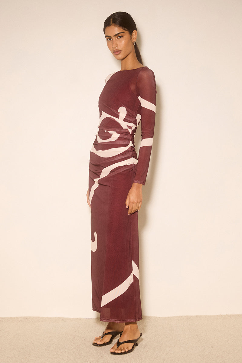 Long-sleeve mesh maxi dress in plum swirl with a skimming fit and straight midi-to-maxi length.