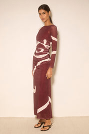 Long-sleeve mesh maxi dress in plum swirl with a skimming fit and straight midi-to-maxi length.