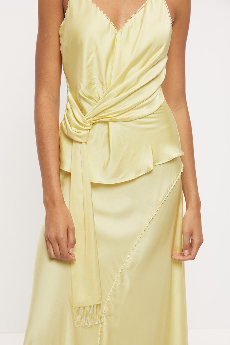 Bias-cut sateen camisole top with scalloped V-neckline, beaded tassel sash and adjustable straps