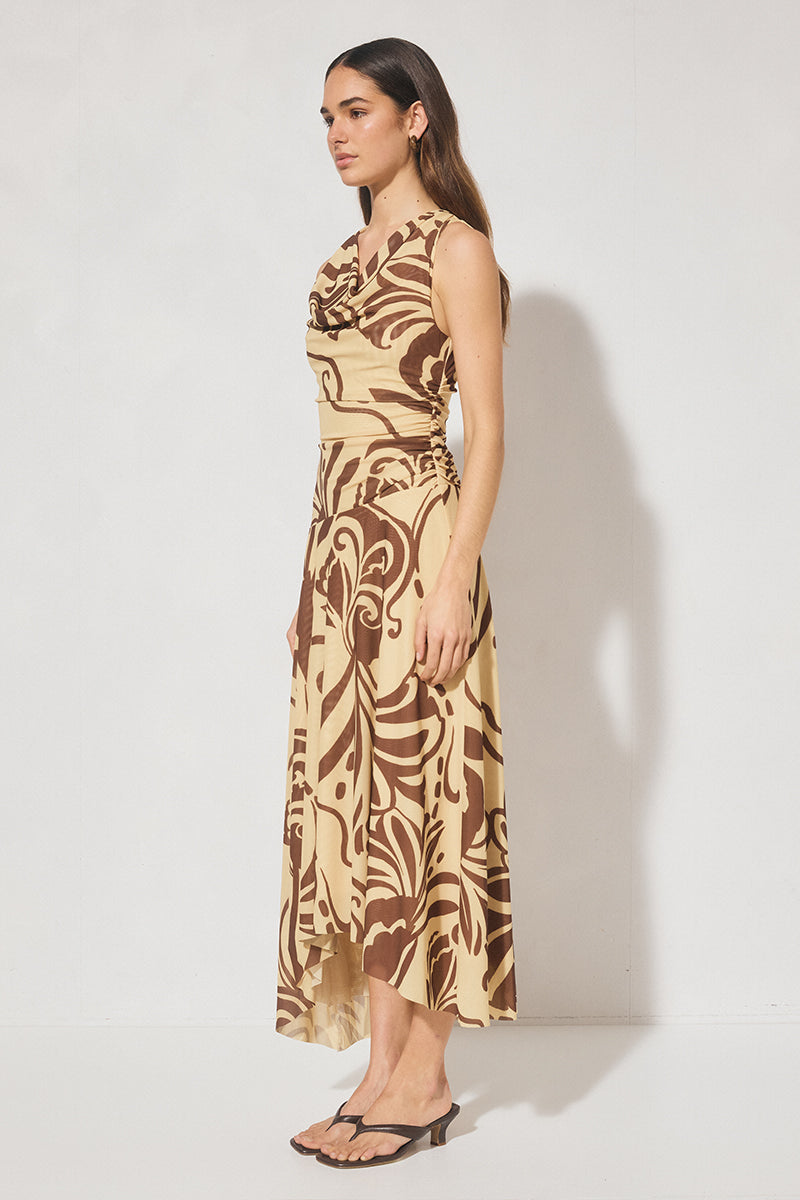  Sleeveless mesh midi dress with handcrafted print, cowl neckline, fit and flare silhouette, and hi-lo hem