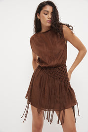 Sleeveless mini dress in sheer woven fabric with blouson bodice and tasseled scarf belt