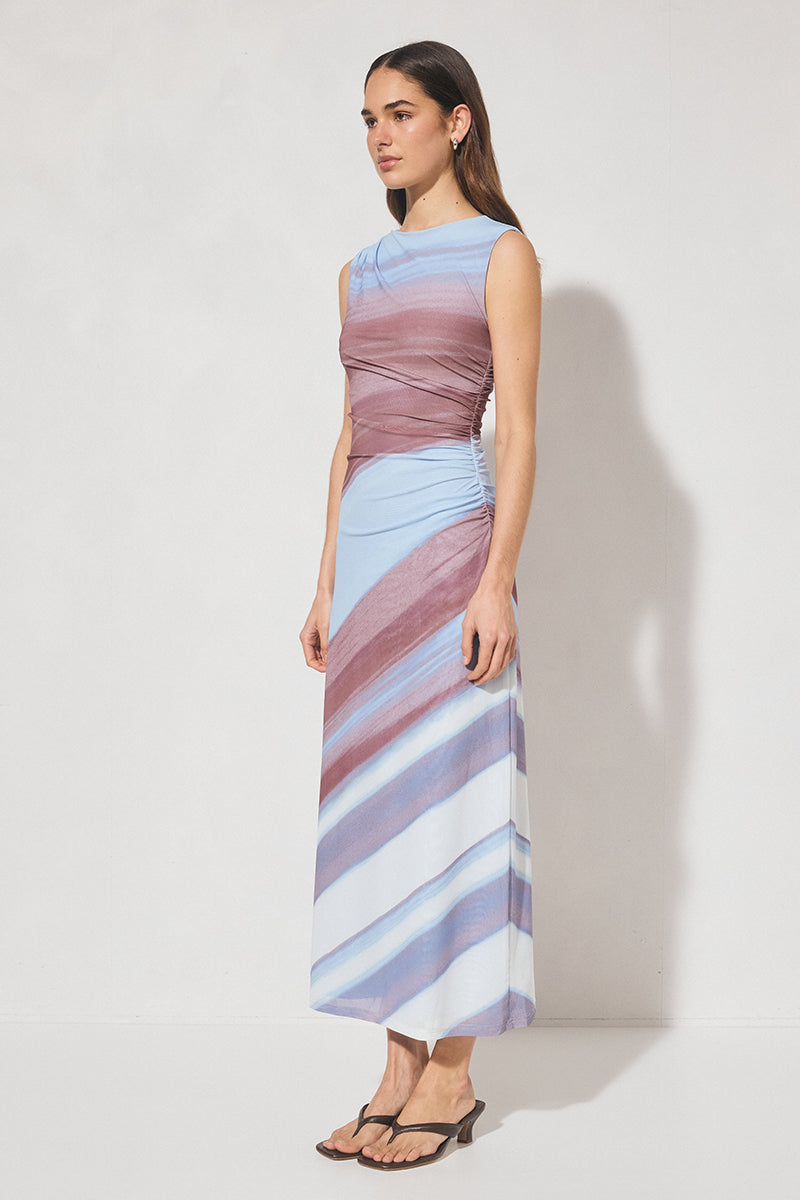 Asymmetric ombre mesh midi dress with draped ruching, sleeveless boat neckline, fitted torso and A-line skirt